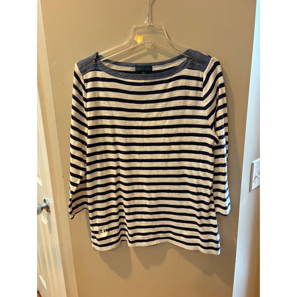 Lauren Ralph Lauren Striped Nautical Top XL Navy White Zipper Shoulder Anchor